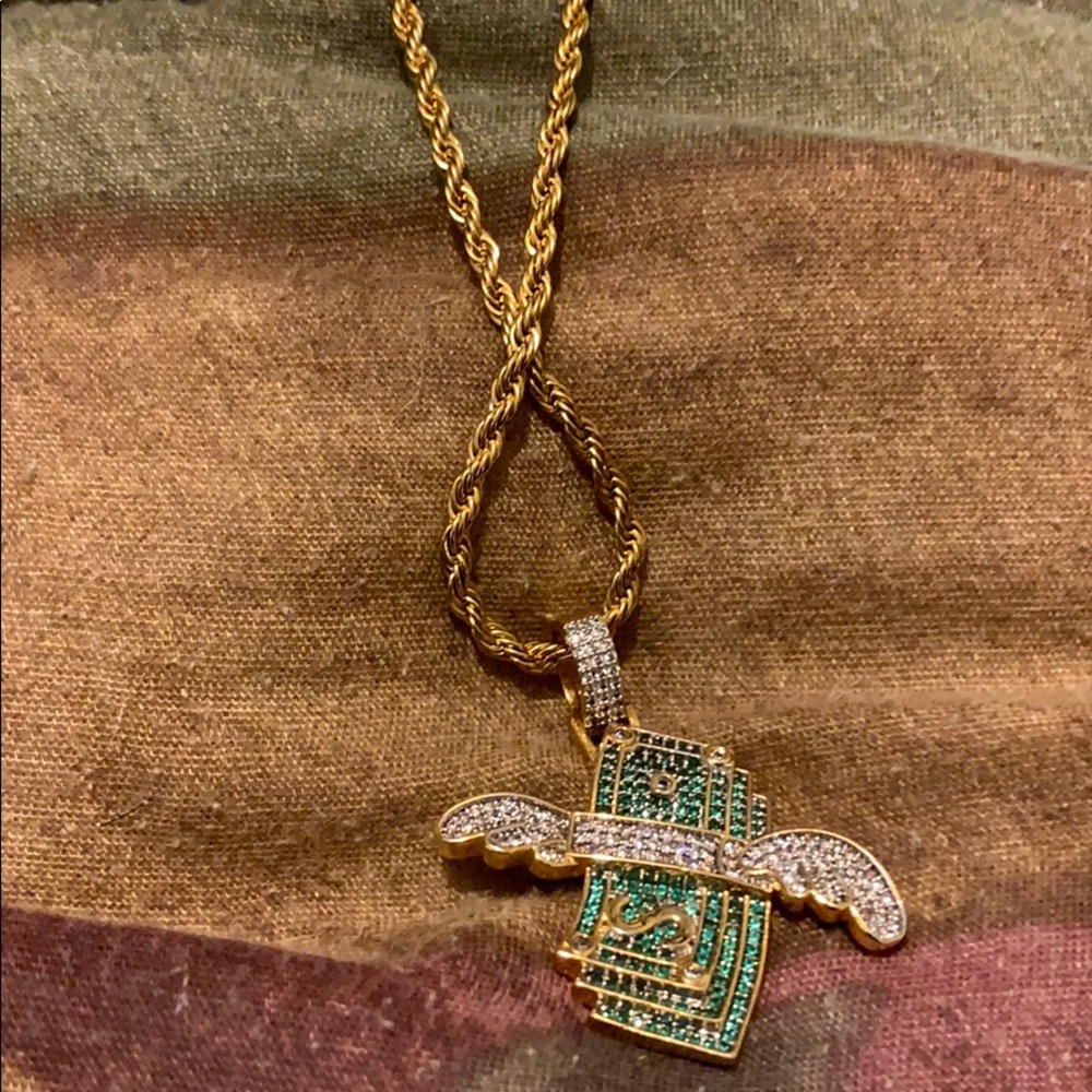 Gold money wings pendants and chain